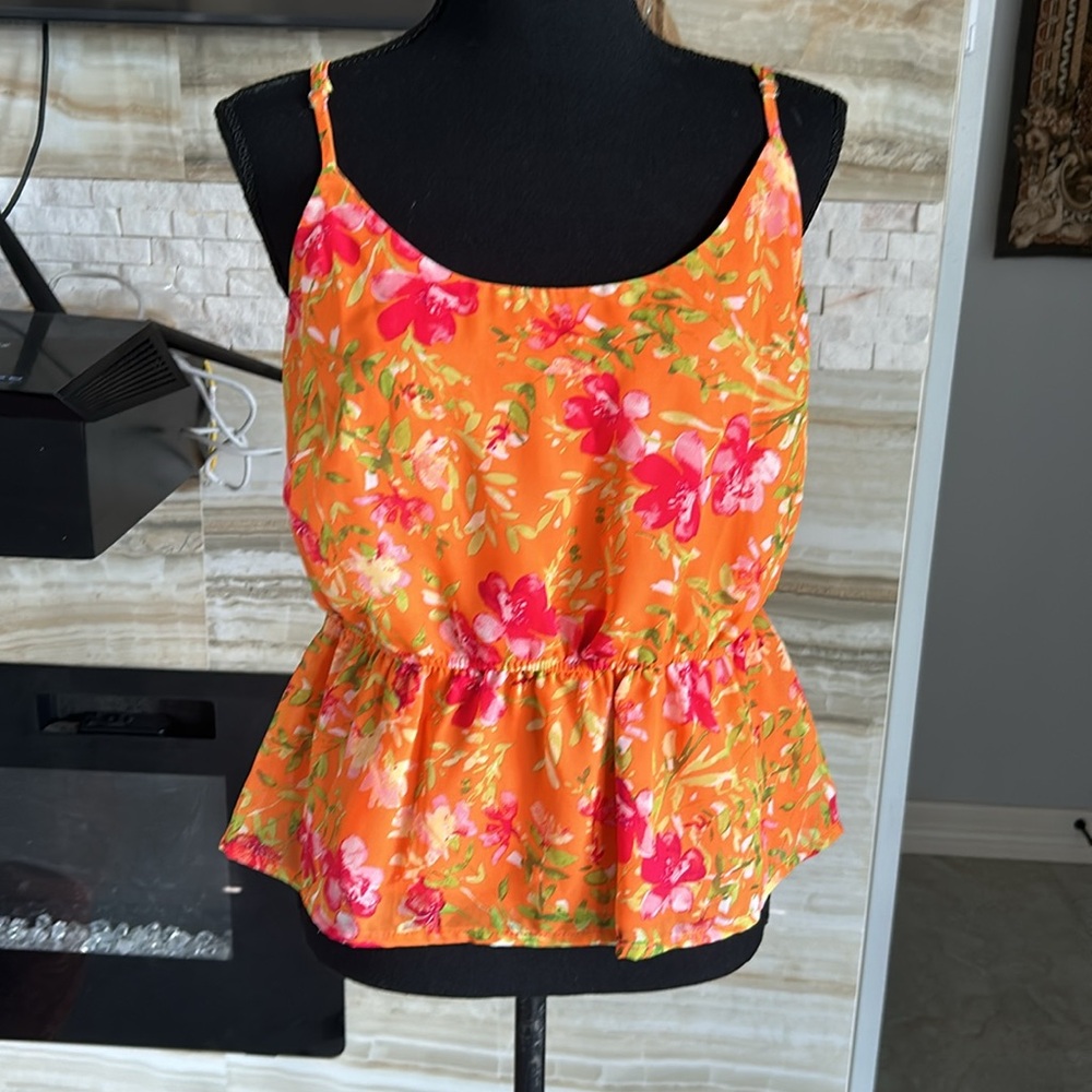 Enna & Michele Orange Sleeveless‎ Chiffon  Floral Peplum Top.  Size XS